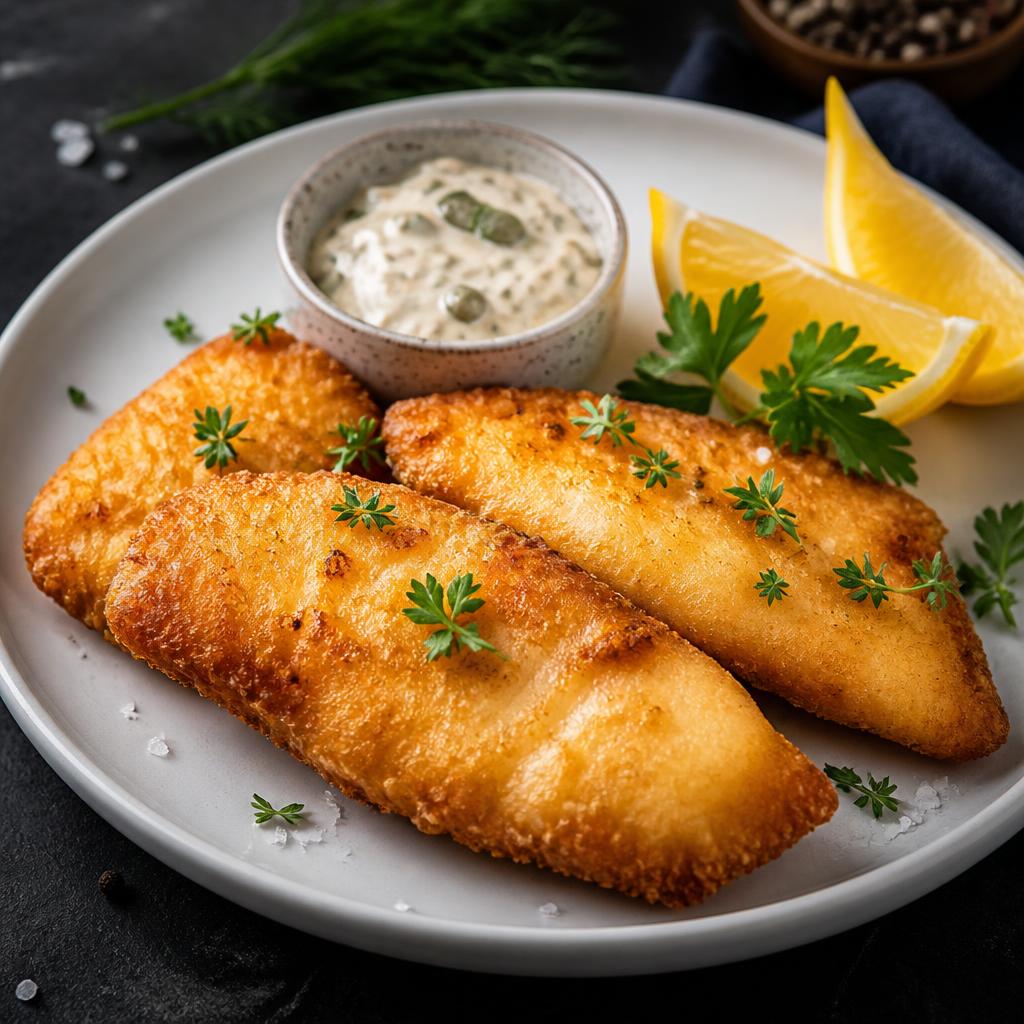 Cooked golden crispy Pangasius fillets served with lemon and tartare sauce