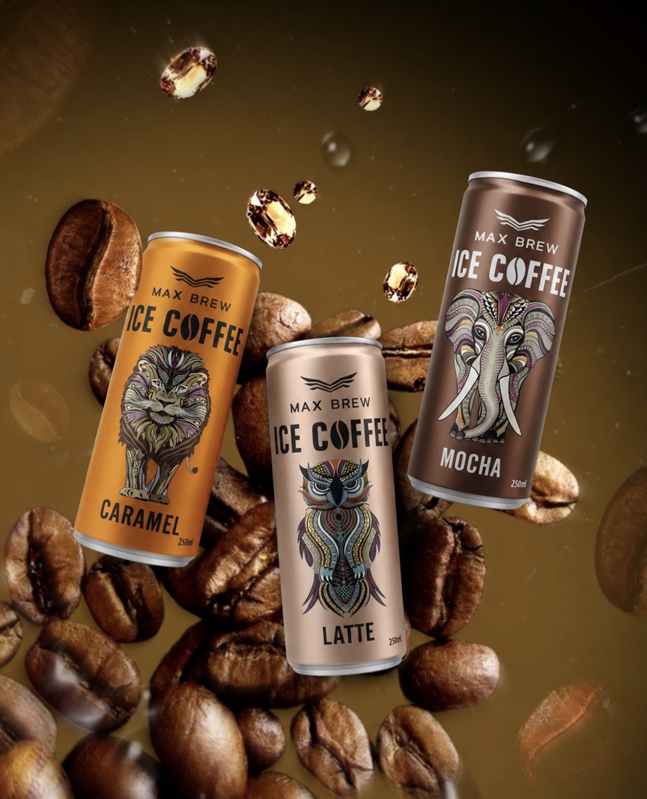 Max Brew Ice Coffee cans — Caramel, Latte, Mocha