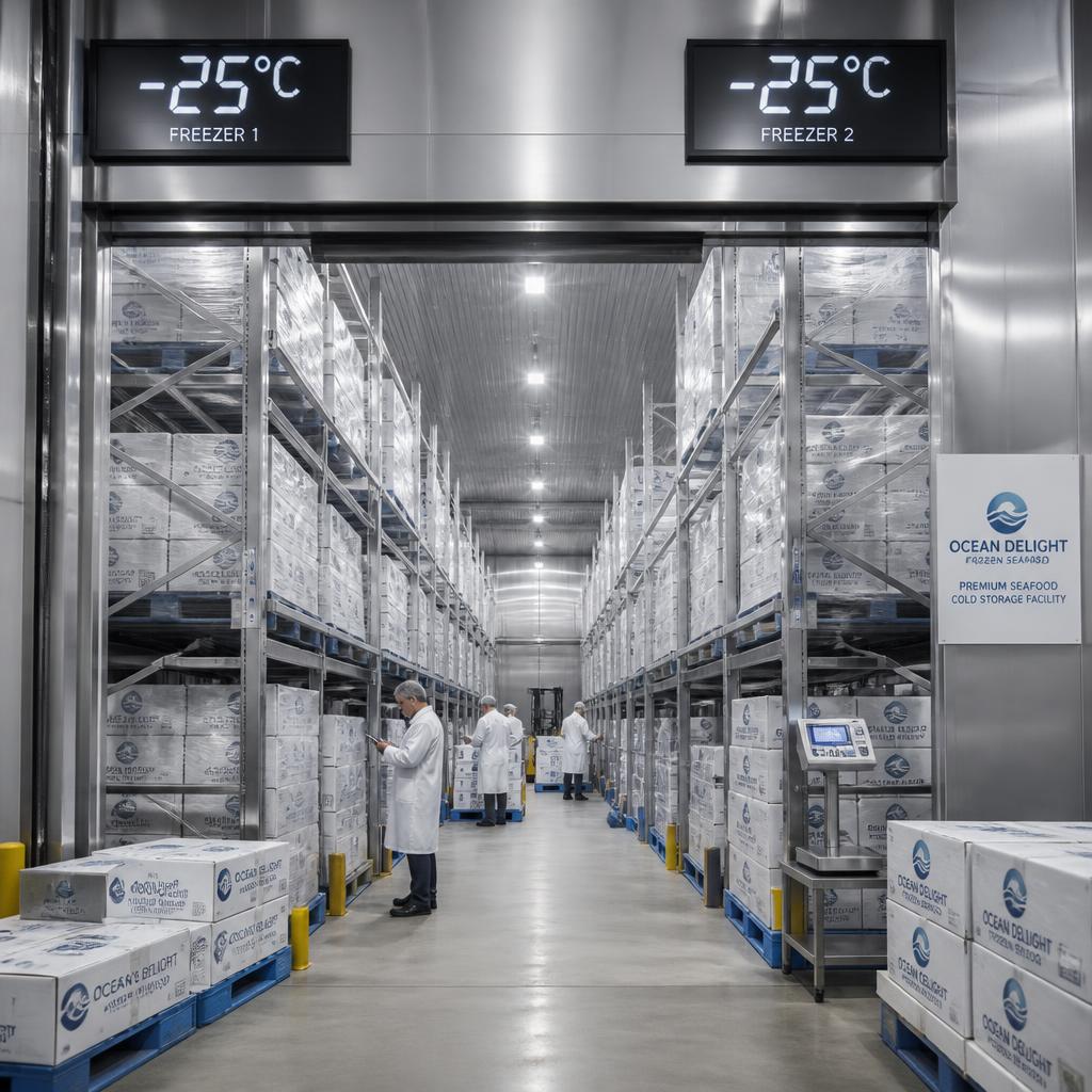 Temperature-controlled cold storage warehouse with Pangasius stock